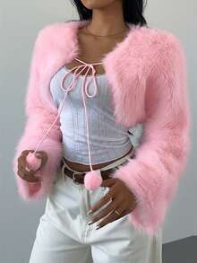 SHEIN SXY Chaqueta de chal de piel sintética blanca sexy y linda para otoño/invierno - Rosa Pálido - Ver 4