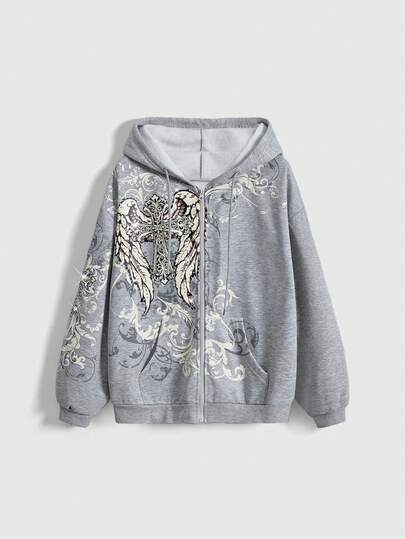 Grunge Punk Women's Cross & Wing Print Rhinestone Embellished Hoodie