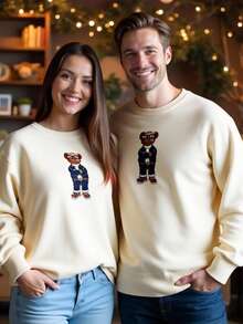 HIMLAND Herren Rundhals Strickpullover, Bärenmuster, einfarbig, leicht weite Passform