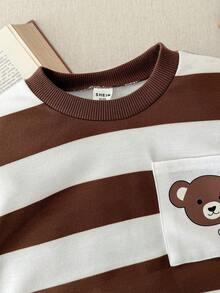 Blossori Young Boys' French Elegant Bear Patch Striped Crew Neck Sweatshirt And Jogger Pants Set - Multicolor - View 3