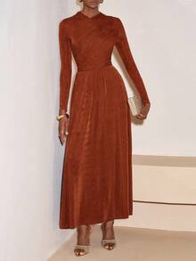 Zivah 2025秋季新款音乐节及毕业典礼休闲优雅交叉领长袖A字连衣裙，适合日常穿着、海滩、度假、日光浴、派对等场合。 - 紅木色 - 查看 8