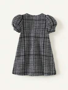 Maija Kids Classic Fashion Versatile Party & Casual Elegant Minimalist Tweed Black & White Plaid Round Neck Puff Sleeve Dress, Suitable For Christmas - Black and White - View 2