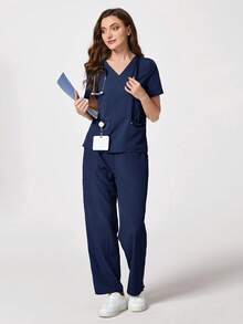 TaskEZ 1pc Solid Color Minimalist Elastic Waist Diagonal Pocket Scrub Pants Scrub Uniform Bottoms - Navy Blue - View 5