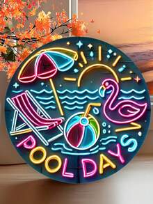 No Electricity Required! 1pc Retro Neon Flamingo Pool Party Metal Sign, 8x8 Inches, Wall Mounted, Rust-Proof, Pre-Drilled For Easy Installation, Versatile For Home, Garage, Cafe, Club Decoration, Ideal Gift - English Text, Pre-Drilled Holes, Random Style - Multicolor - View 9