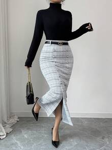 SHEIN Elenzya Chân váy Maxi len pha ren xẻ tà ngọc trai cạp cao thanh lịch, thích hợp mặc thường ngày, dự tiệc, thu đông - Đen và trắng - Xem 6