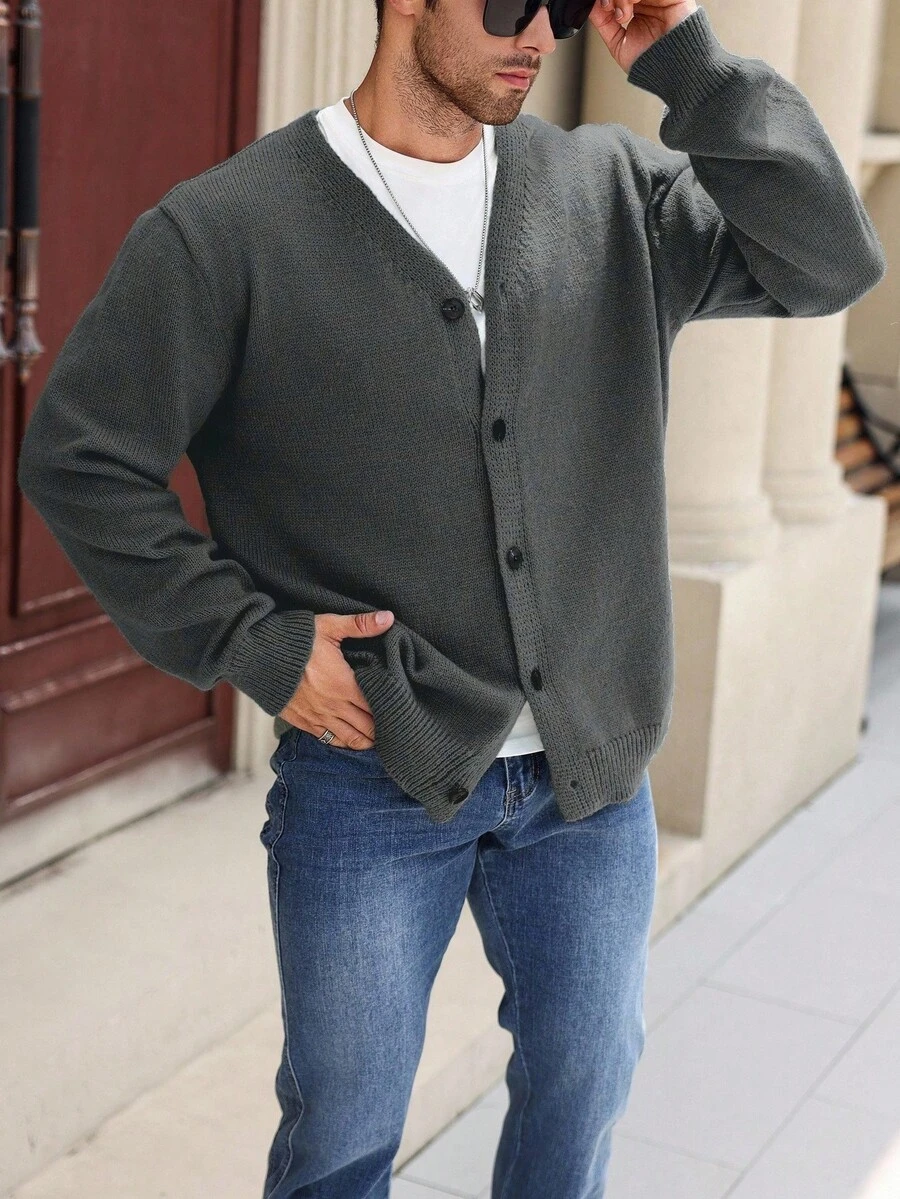 Plus Size Men's Solid Color Long Sleeve Casual Knitted Cardigan, Autumn/Winter - Dark Grey - View 1