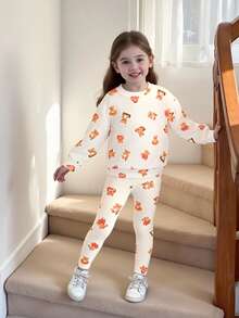 Young Girl Cartoon Print Sweatshirt And Skinny Pants Set - Multicolor - View 1