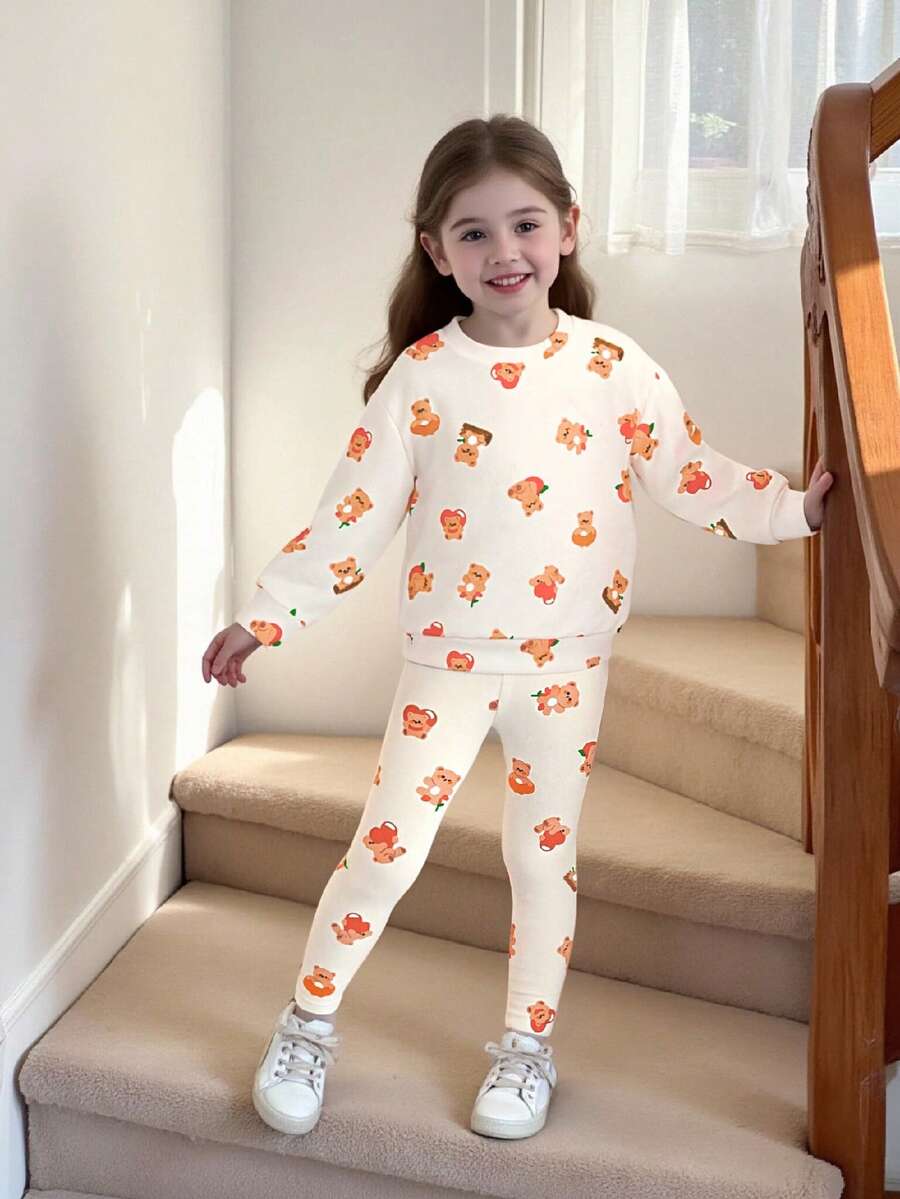 Young Girl Cartoon Print Sweatshirt And Skinny Pants Set - Multicolor - View 1