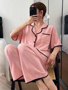 SHEIN Contrast Trim Lapel Casual Loose Short Sleeve Pajama Set - Coral Pink - View 3