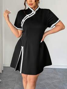 Elenzga 大码女式新款时尚百搭弹力梭织修身纽扣式中国新年旗袍 - 黑色 - 查看 5