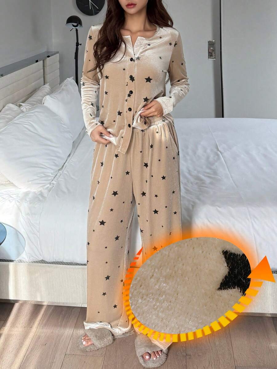 DAZY 2 pezzi Set pigiama donna con stampa a stelle in velluto, manica lunga e pantaloni, autunno/inverno - Cachi - Visualizzare 1