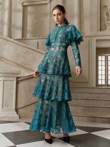 Anewsta Savoree Váy Giáng sinh màu xanh lá cây dành cho nữ, váy ren nhiều lớp viền bèo nhún lãng mạn - màu xanh lá - Xem 5