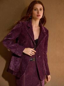 MOTF PREMIUM Blazer dengan kerah berikat dan trim kontras kulit PU. - Purple - View 3