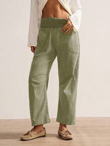 Bohemela Women's Casual Solid Color Woven Loose Low Waist Pants, Autumn/Winter Boho Style - Olive Green - View 5