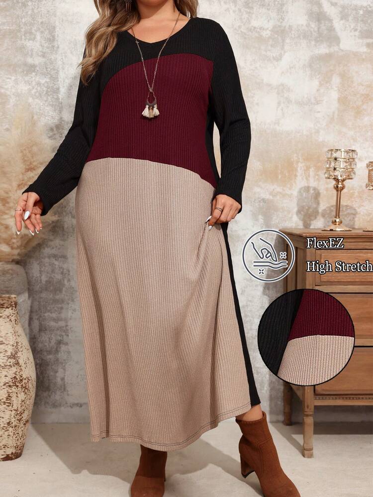 Plus Size Round Neck Long Sleeve Colorblock Loose Elegant Casual Dress Fall Women Dresses
