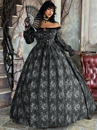 Lyrianda Plus Size Women's Autumn/Winter Off Shoulder Long Sleeve Ruffle Trim Bow Waist A-Line Rose Print Elegant Vintage Cute Palace Style Romantic Maxi Dress