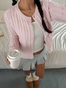 少女皇家蓝休闲纯色圆领长袖宽松短款开衫毛衣，保暖舒适，时尚百搭，适合日常通勤，秋冬季穿着 - 粉色 - 查看 5