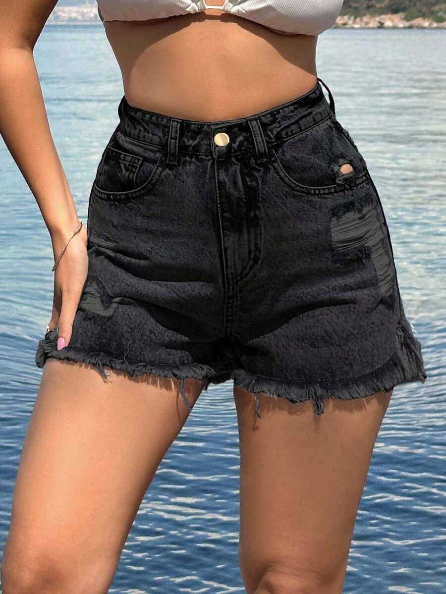SHEIN Tall 100%Cotton Black Label Detailed Short With Destroy - Black - View 1