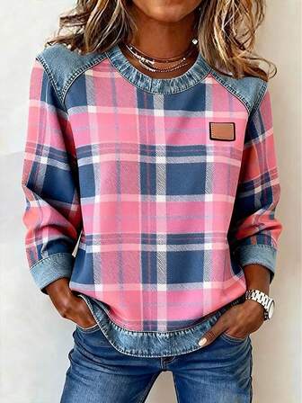 EMERY ROSE Women's Patchwork Patch Round Neck Long Sleeve Casual Loose T-Shirt