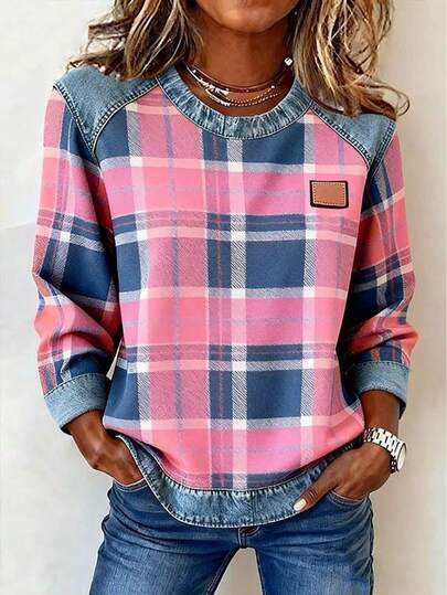 EMERY ROSE T-shirt décontracté ample à manches longues, col rond, patchwork pour femmes