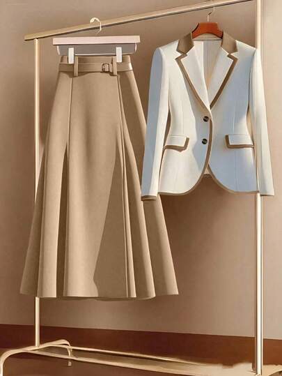 GlowEve Women's Single-Breasted Contrast Trim Blazer & A-Line Skirt Elegant Casual Commute Fashion Vintage Business Holiday Outfit, Apricot Blazer & Brown Skirt, Autumn/Winter 2-Piece Set