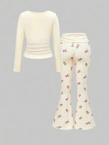 ROMWE J-Fashion 可爱鹿刺绣蕾丝上衣搭配鹿印花喇叭裤，秋冬 - 杏色 - 查看 2