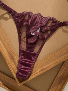 Red Violet Floral Sheer Lingerie Set For Women Sexy Spaghetti Strap Bra And Mini Shorts