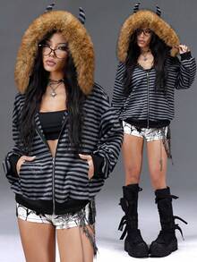 Bloopia Women's Striped Little Devil Faux Fur Collar Zip-Up Jacket - Black - View 1