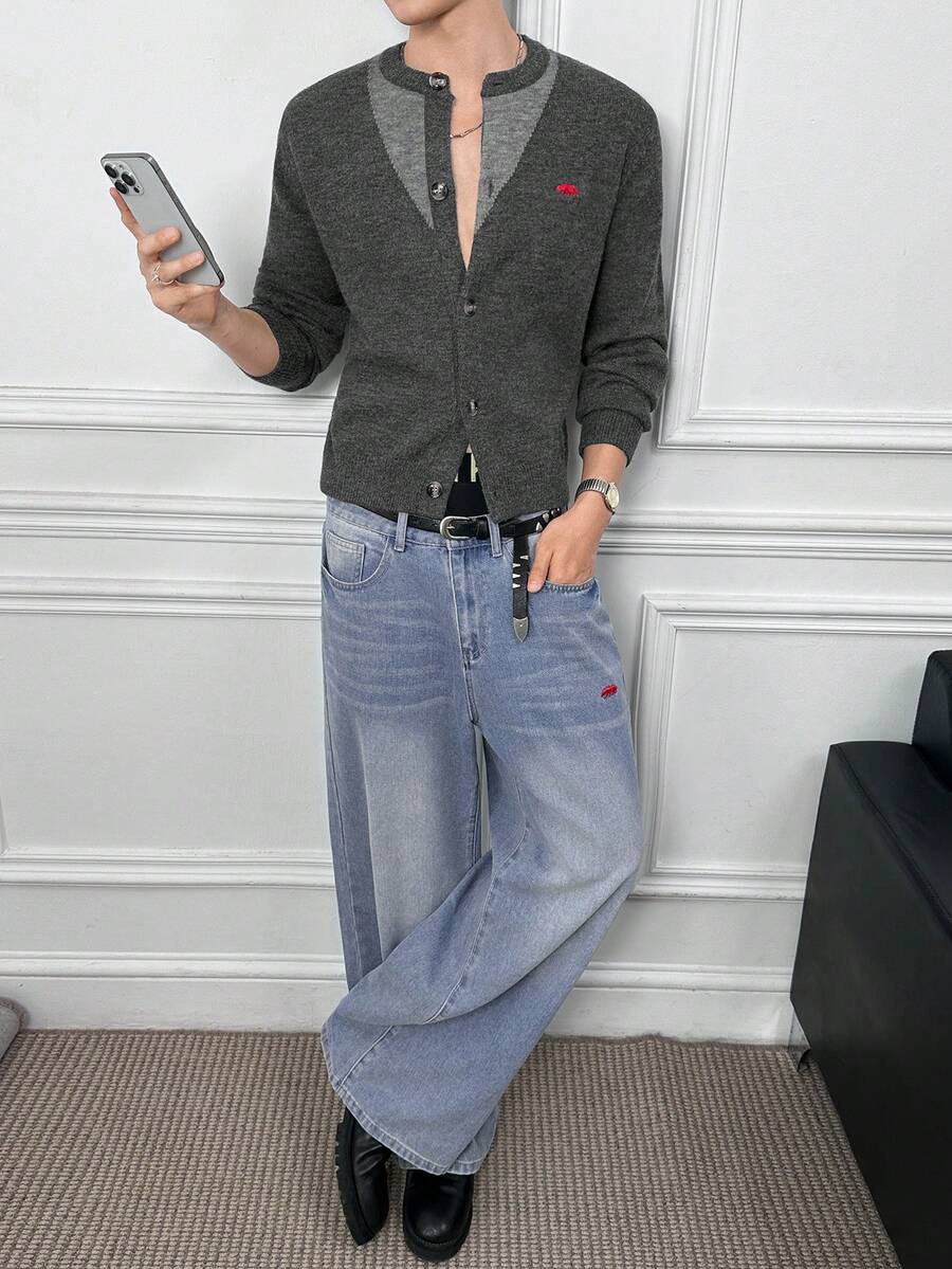 ESTAVOR Men's Animal Embroidery Pocket Wide Leg Loose Casual Jeans - Blue - View 1