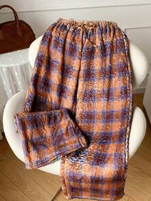 Comfortcana Quần ống rộng kẻ caro có thắt lưng cho nữ, mùa đông - Nhiều màu - Xem 3