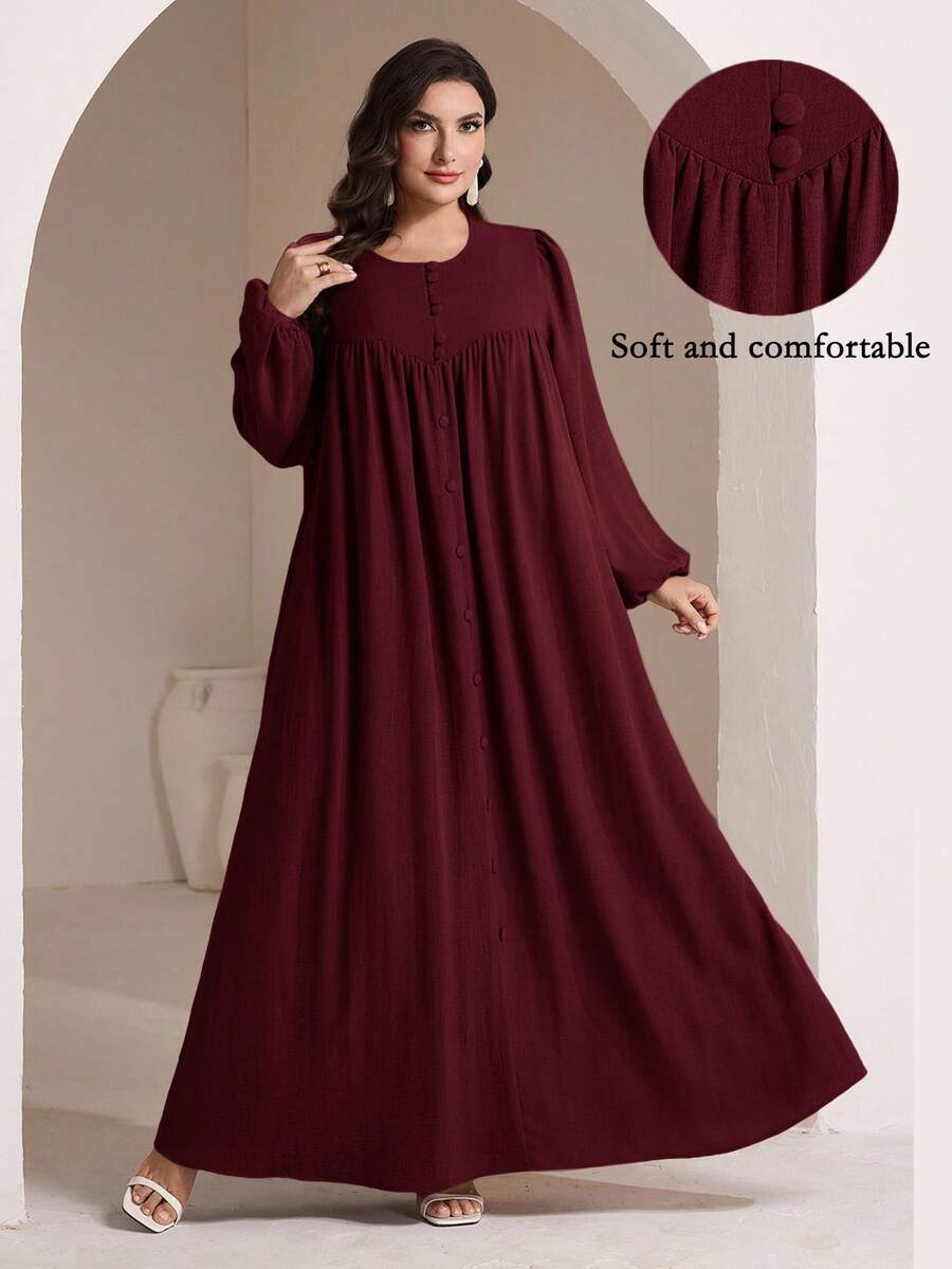 Veilorie 大码女式纯色圆领灯笼袖纽扣设计宽松休闲连衣裙 - 酒紅色 - 查看 1
