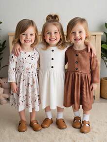 Vintaside Kids Vestido de tres piezas dulce y lindo para bebé niña, de cuello redondo, de manga larga y a rayas multicolor, para otoño e invierno. El estilo de unicolor es simple y elegante, con un ajuste suelto y cómodo. Está completamente estampado con lindos patrones de animales como patitos y ardillas, y la decoración con hebilla de estampado de leopardo adorna el pecho. - Multicolor - Ver 3