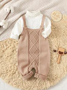 SHEIN New Born Baby Boy/Girl Toddler Fall/Winter Knitted Rompers Overalls Sweaters,Camel Autumn Cute Family Matching Outfits Retro Classic Daily Clothes - Khaki - View 8