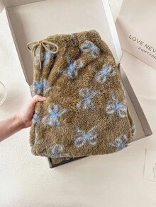 Aloruh Damen Schleifendekor Tunnelzug Taille Flauschige Weite Bein Loose Hose - Rot - Übersicht 10