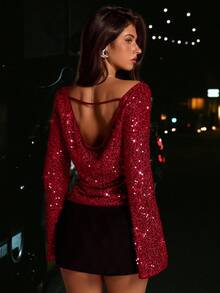 Avantive Women's Long Sleeve Backless Sequin Fashionable Plunging Neck Fitted Flare Sleeve Top Red Sequin Top Dark Red Top Sparkle Top Glittery Top - Red - View 1