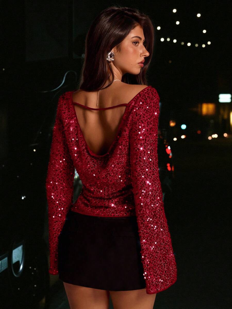 Avantive Women's Long Sleeve Backless Sequin Fashionable Plunging Neck Fitted Flare Sleeve Top Red Sequin Top Dark Red Top Sparkle Top Glittery Top - Red - View 1
