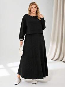 Auralis Plus Size Black Autumn Smart Casual Everyday Cloud Fleece Embroidered Ribbed Crew Neck Cropped T-Shirt & Long Ruffle Hem Skirt Two-Piece Set Modest - Black - View 5