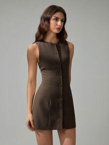 SHEIN Tall 女士纯色单排扣圆领休闲无袖迷你连衣裙 - 棕色 - 查看 5