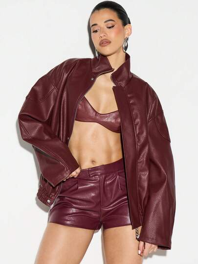 KIZN High-Rise Burgundy Leather Hot Pants Tailored Mini Shorts With Side Pockets Fall Winter Edgy Statement Bottom