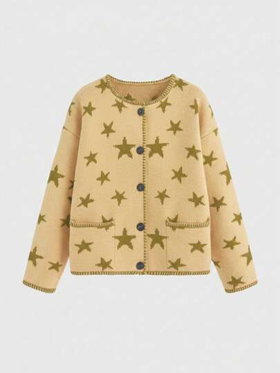 Plus Size Women Hippie Star Pattern Dropped Shoulder Long Sleeve Single-Breasted Knit Cardigan