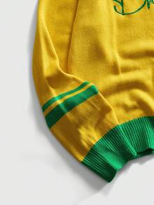ROMWE MEN Sweater Rajut Sepak Bola Pria Kerah Bulat Gaya Preppy, Pakaian Olahraga Streetwear - Kuning - View 4