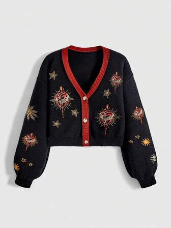 Hippie Women's Gothic Mysterious Witch Style Sun, Moon, Star, Palace, Heart, Eye Embroidery Contrast Color Knitted Cardigan
