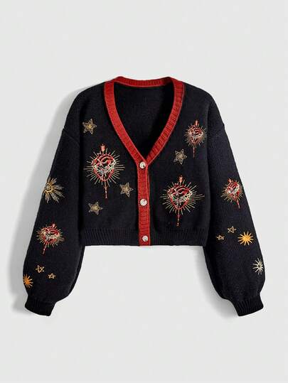 Hippie Women's Gothic Mysterious Witch Style Sun, Moon, Star, Palace, Heart, Eye Embroidery Contrast Color Knitted Cardigan