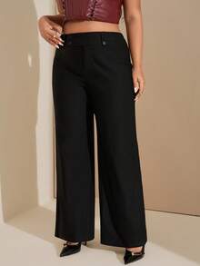 SHEIN Tall CURVE Pantalones anchos de pierna ancha de cintura baja, sueltos y versátiles, de estilo casual/de salida/de oficina, con bolsillos parche, para mujer de talla grande, para otoño/invierno, pantalones de vestir para mujer, ropa de trabajo, pantalones con pliegue estilo vintage, pantalones acampanados, pantalones de vestir negros para mujer, pantalones acampanados negros para mujer - Negro - Ver 4
