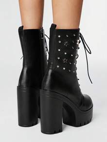 ROMWE Grunge Punk Women's Versatile Commuter Thick High-Heeled Boots - Black - View 5