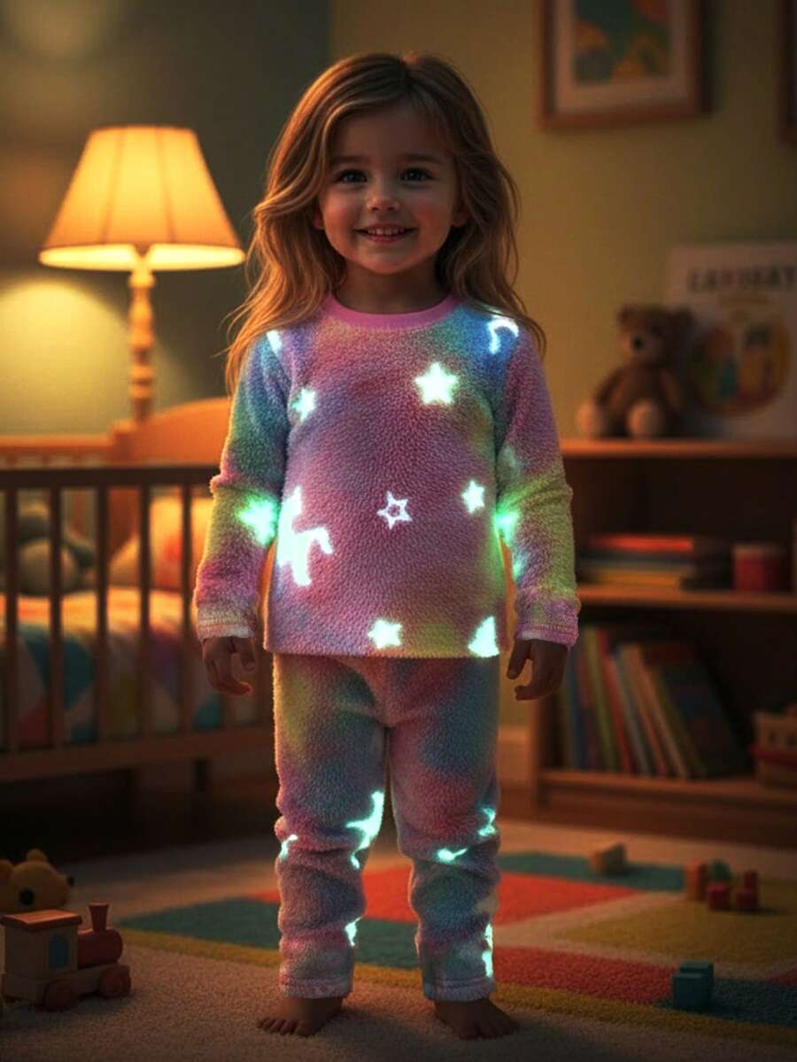 SHEIN Babygirl Cute Fluffy Cartoon Pattern Long Sleeve Pajama Set, Autumn/Winter - Pink - View 1