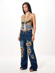 SUMWON WOMEN 破洞宽松牛仔裤，格纹贴片，金属铆钉，阔腿低腰，节日垃圾摇滚风格 - 藍色 - 查看 4