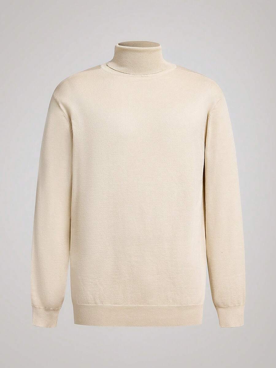 Officeau Men's Old Money Solid Color Long Sleeve Casual Versatile Turtleneck Sweater, Fall Winter - Apricot - View 1