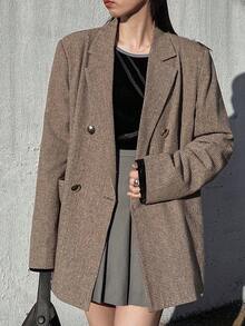 FRIFUL 女士千鸟格翻领长袖双排扣休闲西装外套 - 駝色 - 查看 4