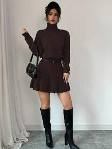 Rafferiza 2pcs Set: Solid Color Loose Pleated Skirt & Turtleneck Sweater - Coffee Brown - View 6